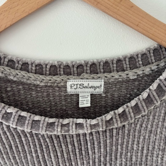 PJ Salvage Long Sleeve Gray Velour Sweater Cozy Knit Ribbed Crew Neck Pullover - Picture 4 of 6